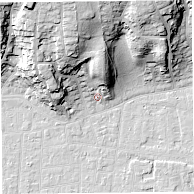Shaded relief map of the ground around BS232SJ, computed from Environment Agency LiDAR. The ground here sits at about 8 m above sea level and falls 40 m across the surrounding 800 m. Surface water reaching this point runs off ground lying to the north-north-east, 19.9 m higher.