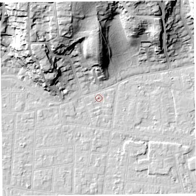 Shaded relief map of the ground around BS232SL, computed from Environment Agency LiDAR. The ground here sits at about 6 m above sea level and falls 34 m across the surrounding 800 m. Surface water reaching this point runs off ground lying to the north-north-west, 33.2 m higher.