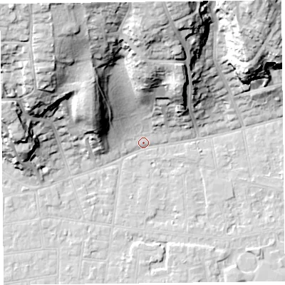 Shaded relief map of the ground around BS232SN, computed from Environment Agency LiDAR. The ground here sits at about 6 m above sea level and falls 39 m across the surrounding 800 m. Surface water reaching this point runs off ground lying to the north-north-west, 37.5 m higher.
