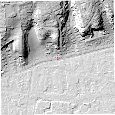 Shaded relief map of the ground around BS232SP, computed from Environment Agency LiDAR. The ground here sits at about 6 m above sea level and falls 40 m across the surrounding 800 m. Surface water reaching this point runs off ground lying to the north-north-west, 38.7 m higher.