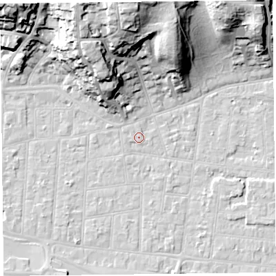Shaded relief map of the ground around BS232SQ, computed from Environment Agency LiDAR. The ground here sits at about 6 m above sea level and falls 32 m across the surrounding 800 m. Surface water reaching this point runs off ground lying to the north-west, 1.0 m higher.