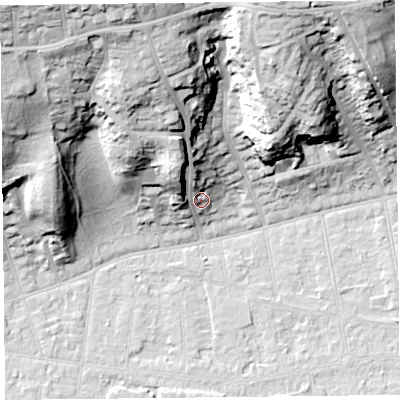 Shaded relief map of the ground around BS232SS, computed from Environment Agency LiDAR. The ground here sits at about 11 m above sea level and falls 46 m across the surrounding 800 m. Surface water reaching this point runs off ground lying to the north-north-west, 32.7 m higher.