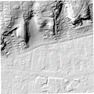 Shaded relief map of the ground around BS232SW, computed from Environment Agency LiDAR. The ground here sits at about 5 m above sea level and falls 37 m across the surrounding 800 m. Surface water reaching this point runs off ground lying to the north-north-west, 35.1 m higher.