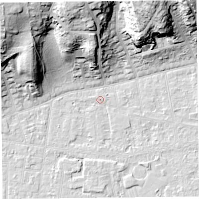 Shaded relief map of the ground around BS232UH, computed from Environment Agency LiDAR. The ground here sits at about 6 m above sea level and falls 36 m across the surrounding 800 m. Surface water reaching this point runs off ground lying to the west, 1.3 m higher.