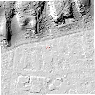 Shaded relief map of the ground around BS232UL, computed from Environment Agency LiDAR. The ground here sits at about 5 m above sea level and falls 35 m across the surrounding 800 m. Surface water reaching this point runs off ground lying to the east-north-east, 0.6 m higher.