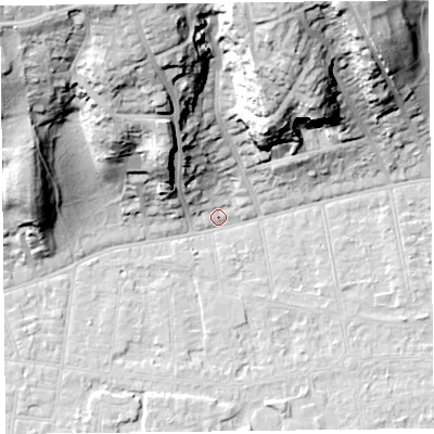 Shaded relief map of the ground around BS232UN, computed from Environment Agency LiDAR. The ground here sits at about 6 m above sea level and falls 40 m across the surrounding 800 m. Surface water reaching this point runs off ground lying to the north-north-west, 39.1 m higher.