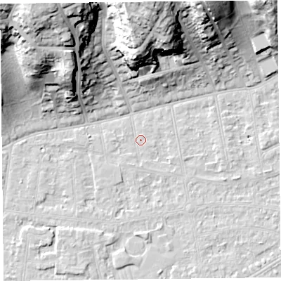 Shaded relief map of the ground around BS232UP, computed from Environment Agency LiDAR. The ground here sits at about 5 m above sea level and falls 35 m across the surrounding 800 m. Surface water reaching this point runs off ground lying to the north-north-west, 34.6 m higher.