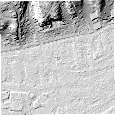 Shaded relief map of the ground around BS232UR, computed from Environment Agency LiDAR. The ground here sits at about 5 m above sea level and falls 34 m across the surrounding 800 m. Surface water reaching this point runs off ground lying to the south-west, 1.1 m higher.