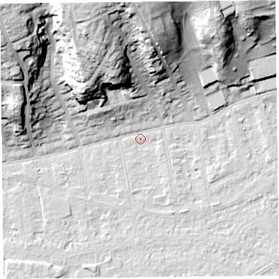 Shaded relief map of the ground around BS232US, computed from Environment Agency LiDAR. The ground here sits at about 5 m above sea level and falls 39 m across the surrounding 800 m. Surface water reaching this point runs off ground lying to the north-north-west, 36.4 m higher.
