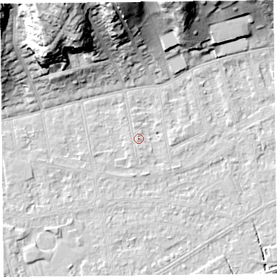 Shaded relief map of the ground around BS232UT, computed from Environment Agency LiDAR. The ground here sits at about 6 m above sea level and falls 33 m across the surrounding 800 m. Surface water reaching this point runs off ground lying to the east, 2.4 m higher.
