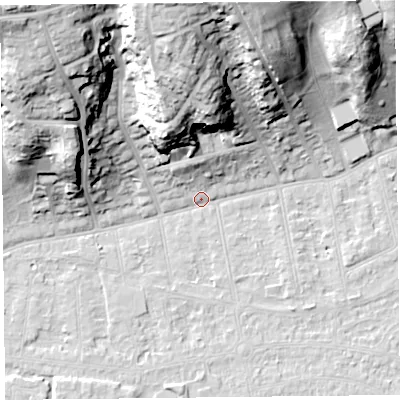 Shaded relief map of the ground around BS232UU, computed from Environment Agency LiDAR. The ground here sits at about 6 m above sea level and falls 42 m across the surrounding 800 m. Surface water reaching this point runs off ground lying to the north, 37.5 m higher.