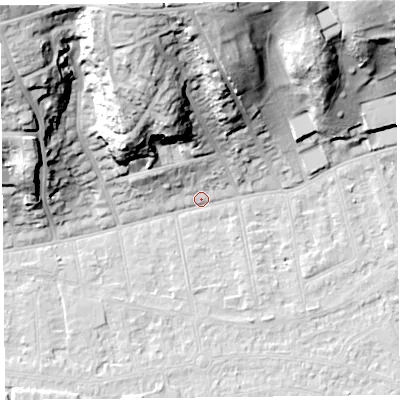 Shaded relief map of the ground around BS232UX, computed from Environment Agency LiDAR. The ground here sits at about 6 m above sea level and falls 41 m across the surrounding 800 m. Surface water reaching this point runs off ground lying to the north-north-west, 38.4 m higher.
