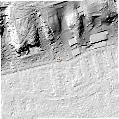 Shaded relief map of the ground around BS232UY, computed from Environment Agency LiDAR. The ground here sits at about 6 m above sea level and falls 39 m across the surrounding 800 m. Surface water reaching this point runs off ground lying to the north-north-west, 38.7 m higher.