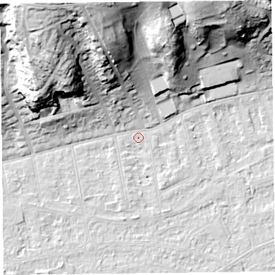 Shaded relief map of the ground around BS232UZ, computed from Environment Agency LiDAR. The ground here sits at about 5 m above sea level and falls 38 m across the surrounding 800 m. Surface water reaching this point runs off ground lying to the north-west, 38.2 m higher.