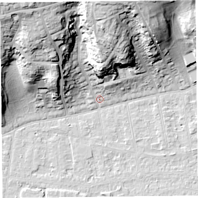 Shaded relief map of the ground around BS232XA, computed from Environment Agency LiDAR. The ground here sits at about 7 m above sea level and falls 43 m across the surrounding 800 m. Surface water reaching this point runs off ground lying to the north-west, 40.3 m higher.