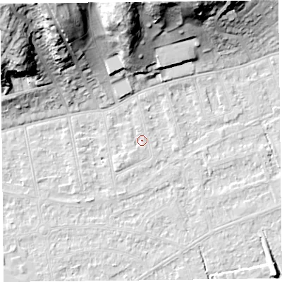 Shaded relief map of the ground around BS232YA, computed from Environment Agency LiDAR. The ground here sits at about 5 m above sea level and falls 35 m across the surrounding 800 m. Surface water reaching this point runs off ground lying to the south-west, 1.2 m higher.