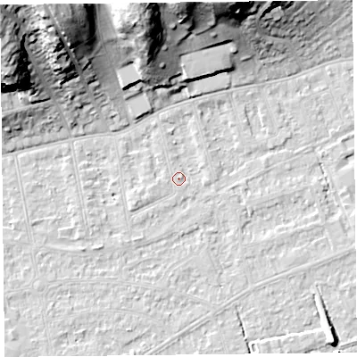 Shaded relief map of the ground around BS232YB, computed from Environment Agency LiDAR. The ground here sits at about 5 m above sea level and falls 32 m across the surrounding 800 m. Surface water reaching this point runs off ground lying to the south-west, 1.5 m higher.