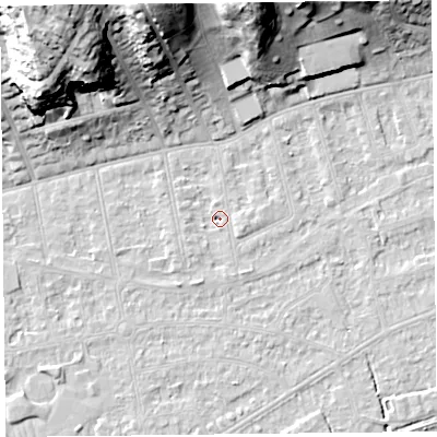 Shaded relief map of the ground around BS232YD, computed from Environment Agency LiDAR. The ground here sits at about 5 m above sea level and falls 34 m across the surrounding 800 m. Surface water reaching this point runs off ground lying to the east-south-east, 2.4 m higher.