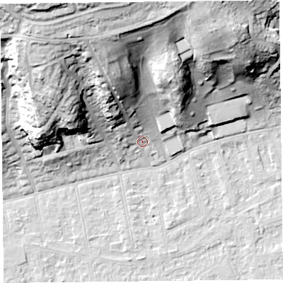 Shaded relief map of the ground around BS232YE, computed from Environment Agency LiDAR. The ground here sits at about 8 m above sea level and falls 45 m across the surrounding 800 m. Surface water reaching this point runs off ground lying to the north-north-west, 33.9 m higher.