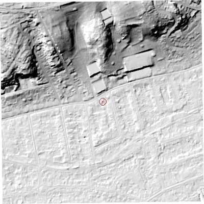Shaded relief map of the ground around BS232YG, computed from Environment Agency LiDAR. The ground here sits at about 5 m above sea level and falls 39 m across the surrounding 800 m. Surface water reaching this point runs off ground lying to the north, 26.4 m higher.