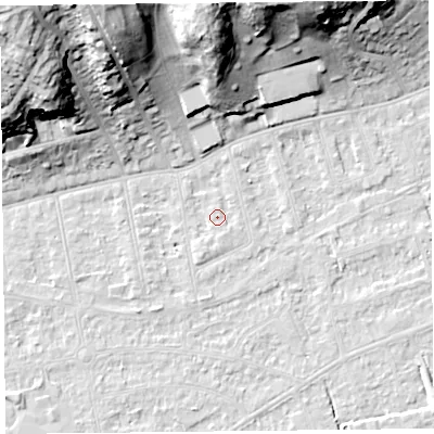Shaded relief map of the ground around BS232ZA, computed from Environment Agency LiDAR. The ground here sits at about 6 m above sea level and falls 36 m across the surrounding 800 m. Surface water reaching this point runs off ground lying to the south-south-west, 1.4 m higher.