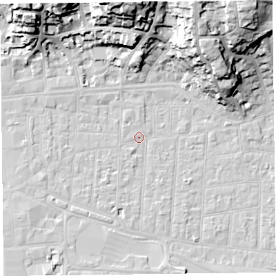 Shaded relief map of the ground around BS233AA, computed from Environment Agency LiDAR. The ground here sits at about 6 m above sea level and falls 31 m across the surrounding 800 m. Surface water reaching this point runs off ground lying to the north, 29.6 m higher.