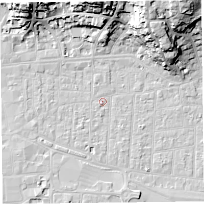 Shaded relief map of the ground around BS233AB, computed from Environment Agency LiDAR. The ground here sits at about 6 m above sea level and falls 30 m across the surrounding 800 m. Surface water reaching this point runs off ground lying to the north, 27.0 m higher.