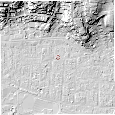 Shaded relief map of the ground around BS233AD, computed from Environment Agency LiDAR. The ground here sits at about 6 m above sea level and falls 32 m across the surrounding 800 m. Surface water reaching this point runs off ground lying to the north-north-west, 31.9 m higher.