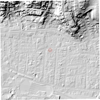 Shaded relief map of the ground around BS233AE, computed from Environment Agency LiDAR. The ground here sits at about 6 m above sea level and falls 31 m across the surrounding 800 m. Surface water reaching this point runs off ground lying to the north, 28.3 m higher.