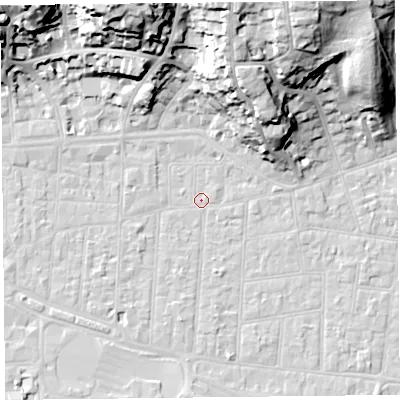 Shaded relief map of the ground around BS233AF, computed from Environment Agency LiDAR. The ground here sits at about 5 m above sea level and falls 32 m across the surrounding 800 m. Surface water reaching this point runs off ground lying to the north-north-west, 32.0 m higher.