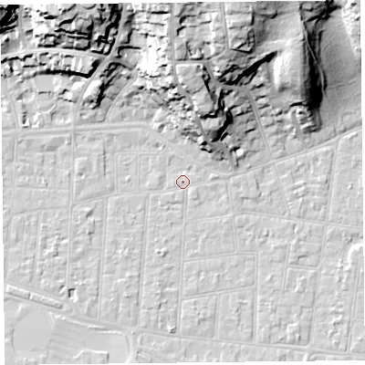 Shaded relief map of the ground around BS233AG, computed from Environment Agency LiDAR. The ground here sits at about 6 m above sea level and falls 33 m across the surrounding 800 m. Surface water reaching this point runs off ground lying to the north, 30.1 m higher.