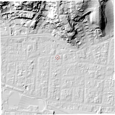 Shaded relief map of the ground around BS233AH, computed from Environment Agency LiDAR. The ground here sits at about 6 m above sea level and falls 31 m across the surrounding 800 m. Surface water reaching this point runs off ground lying to the north-north-west, 29.2 m higher.