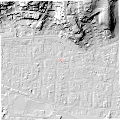 Shaded relief map of the ground around BS233AJ, computed from Environment Agency LiDAR. The ground here sits at about 6 m above sea level and falls 31 m across the surrounding 800 m. Surface water reaching this point runs off ground lying to the north-north-west, 29.2 m higher.