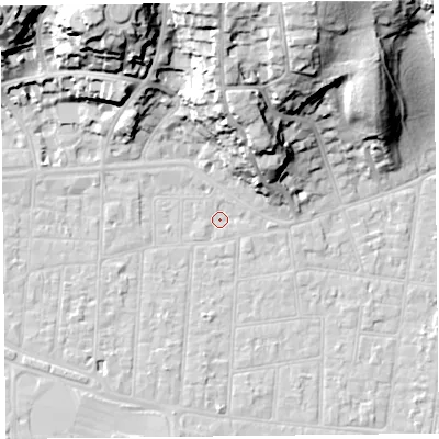 Shaded relief map of the ground around BS233AL, computed from Environment Agency LiDAR. The ground here sits at about 5 m above sea level and falls 34 m across the surrounding 800 m. Surface water reaching this point runs off ground lying to the north-north-east, 1.1 m higher.