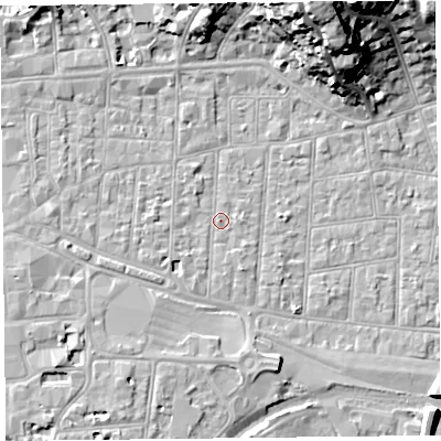 Shaded relief map of the ground around BS233AN, computed from Environment Agency LiDAR. The ground here sits at about 6 m above sea level and falls 23 m across the surrounding 800 m. Surface water reaching this point runs off ground lying to the south-west, 4.3 m higher.