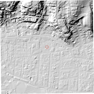 Shaded relief map of the ground around BS233AP, computed from Environment Agency LiDAR. The ground here sits at about 6 m above sea level and falls 34 m across the surrounding 800 m. Surface water reaching this point runs off ground lying to the north-north-west, 32.7 m higher.