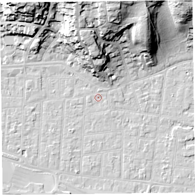 Shaded relief map of the ground around BS233AQ, computed from Environment Agency LiDAR. The ground here sits at about 6 m above sea level and falls 32 m across the surrounding 800 m. Surface water reaching this point runs off ground lying to the north-north-west, 28.7 m higher.