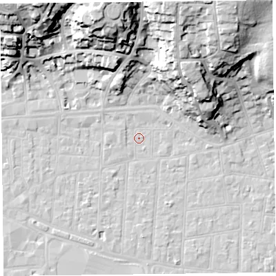 Shaded relief map of the ground around BS233AR, computed from Environment Agency LiDAR. The ground here sits at about 6 m above sea level and falls 34 m across the surrounding 800 m. Surface water reaching this point runs off ground lying to the west, 1.1 m higher.