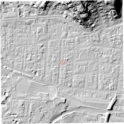 Shaded relief map of the ground around BS233AS, computed from Environment Agency LiDAR. The ground here sits at about 6 m above sea level and falls 23 m across the surrounding 800 m. Surface water reaching this point runs off ground lying to the south, 3.4 m higher.