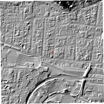 Shaded relief map of the ground around BS233AU, computed from Environment Agency LiDAR. The ground here sits at about 6 m above sea level and falls 13 m across the surrounding 800 m. Surface water reaching this point runs off ground lying to the south, 1.3 m higher.