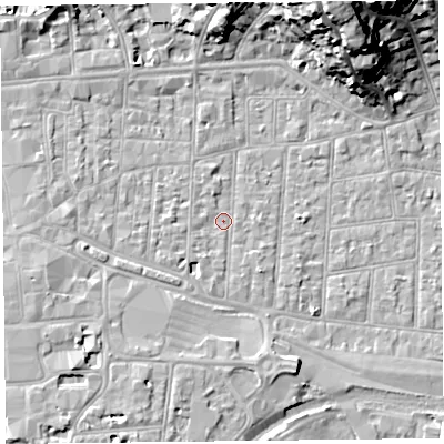 Shaded relief map of the ground around BS233AW, computed from Environment Agency LiDAR. The ground here sits at about 6 m above sea level and falls 23 m across the surrounding 800 m. Surface water reaching this point runs off ground lying to the south-west, 4.3 m higher.