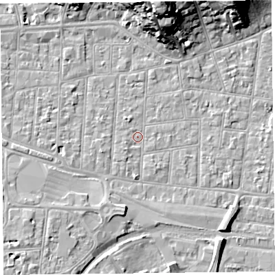 Shaded relief map of the ground around BS233AX, computed from Environment Agency LiDAR. The ground here sits at about 5 m above sea level and falls 21 m across the surrounding 800 m. Surface water reaching this point runs off ground lying to the north, 20.5 m higher.