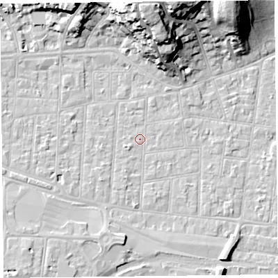Shaded relief map of the ground around BS233AY, computed from Environment Agency LiDAR. The ground here sits at about 5 m above sea level and falls 24 m across the surrounding 800 m. Surface water reaching this point runs off ground lying to the north, 22.9 m higher.