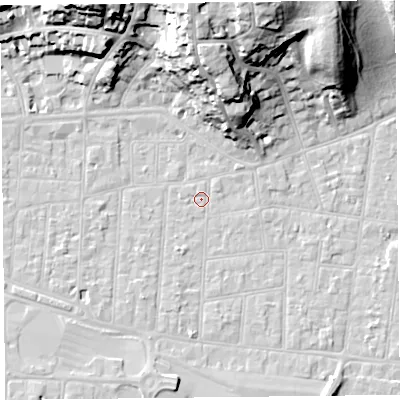 Shaded relief map of the ground around BS233AZ, computed from Environment Agency LiDAR. The ground here sits at about 5 m above sea level and falls 31 m across the surrounding 800 m. Surface water reaching this point runs off ground lying to the north-north-west, 27.4 m higher.