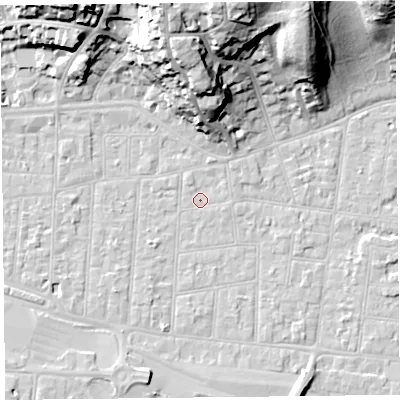 Shaded relief map of the ground around BS233BB, computed from Environment Agency LiDAR. The ground here sits at about 5 m above sea level and falls 29 m across the surrounding 800 m. Surface water reaching this point runs off ground lying to the north-east, 1.2 m higher.