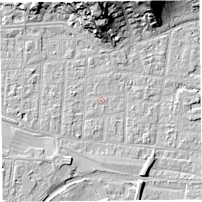 Shaded relief map of the ground around BS233BD, computed from Environment Agency LiDAR. The ground here sits at about 6 m above sea level and falls 22 m across the surrounding 800 m. Surface water reaching this point runs off ground lying to the north, 21.7 m higher.