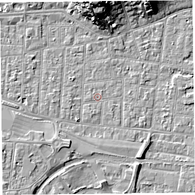 Shaded relief map of the ground around BS233BE, computed from Environment Agency LiDAR. The ground here sits at about 5 m above sea level and falls 20 m across the surrounding 800 m. Surface water reaching this point runs off ground lying to the south-south-west, 0.9 m higher.