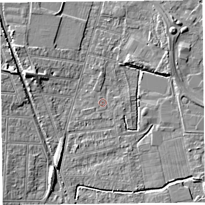Shaded relief map of the ground around BS233BG, computed from Environment Agency LiDAR. The ground here sits at about 5 m above sea level and falls 8 m across the surrounding 800 m. Surface water reaching this point runs off ground lying to the west-north-west, 6.7 m higher.