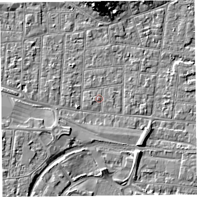 Shaded relief map of the ground around BS233BH, computed from Environment Agency LiDAR. The ground here sits at about 6 m above sea level and falls 12 m across the surrounding 800 m. Surface water reaching this point runs off ground lying to the south-east, 4.1 m higher.