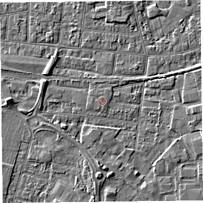 Shaded relief map of the ground around BS233BJ, computed from Environment Agency LiDAR. The ground here sits at about 6 m above sea level and falls 6 m across the surrounding 800 m. The ground contributing surface water to this point lies to the north-north-east.
